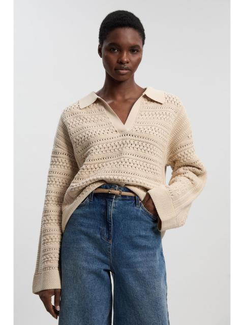 Cotton Collared V Neck Knitted Jumper