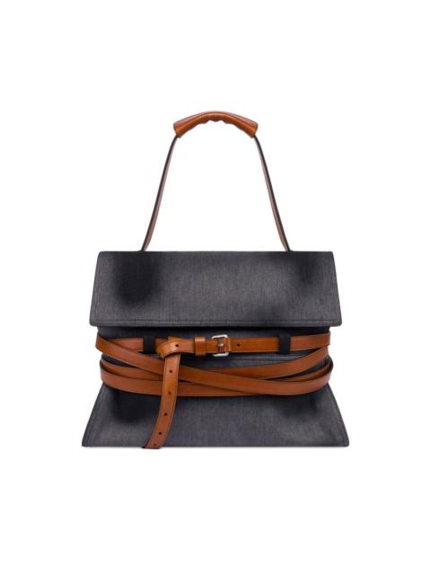 leather-trimmed denim shoulder bag
