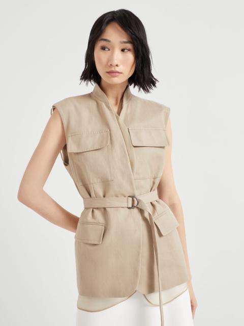 Cotton and linen cover vest with detachable organza insert and monili