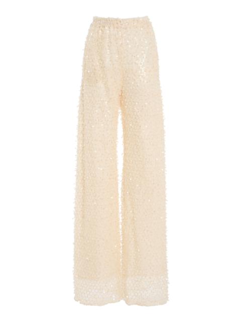 Sequined Wool-Cashmere Wide-Leg Pants ivory