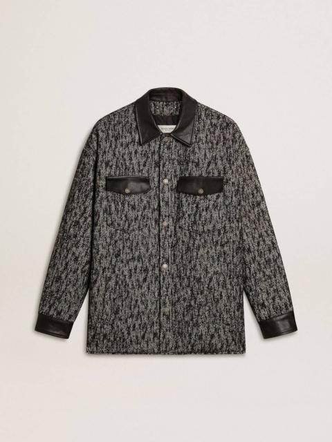 Gray herringbone jacket with black leather details