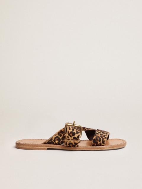 Women's flat sandals in leopard print pony skin