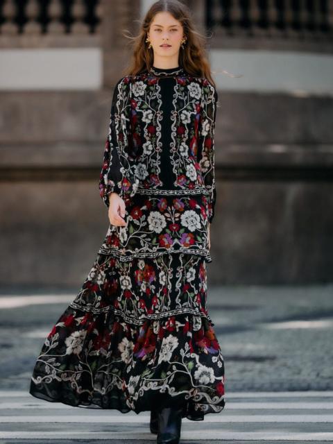 Black Rococo Flowers Ruffled Maxi Dress