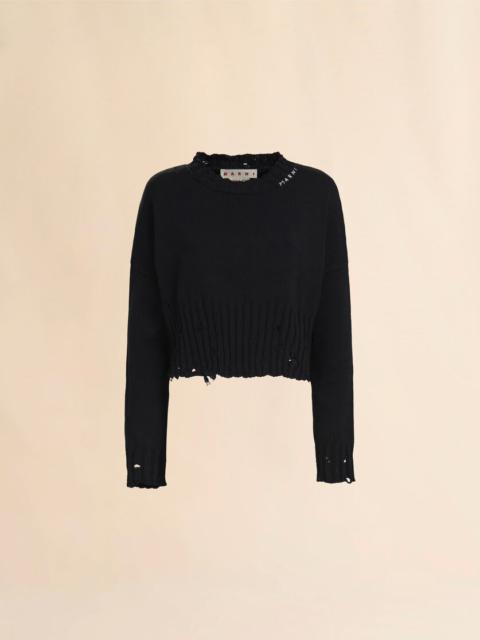 BLACK DISHEVELLED COTTON CROPPED JUMPER