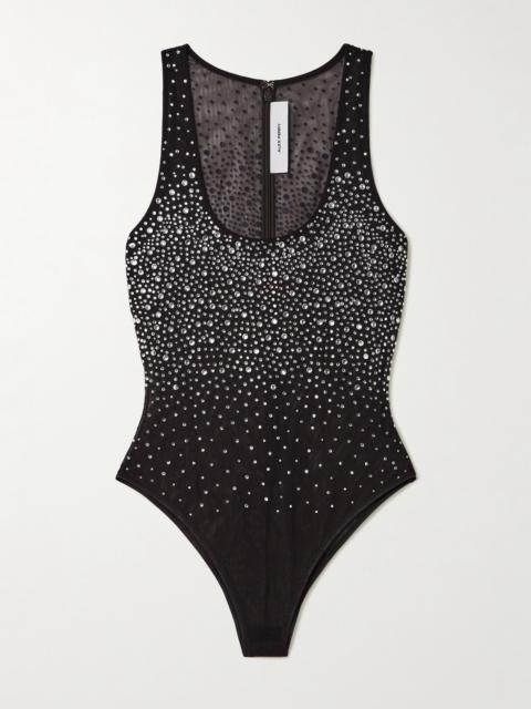 Crystal-embellished Stretch-mesh Bodysuit