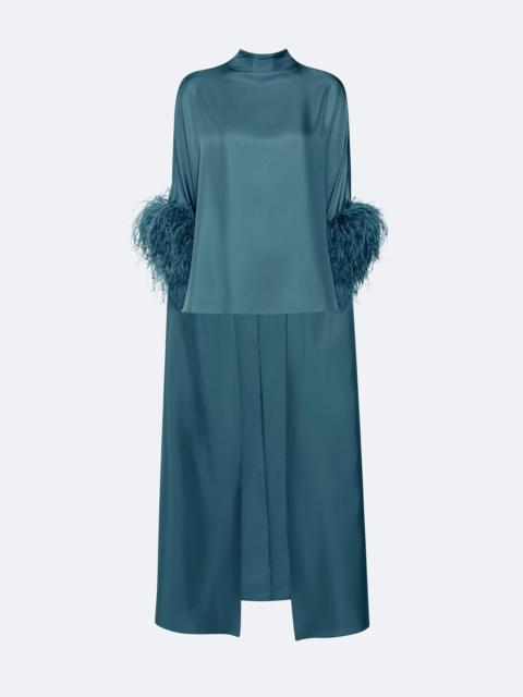 Silky Twill High Low Mock Neck Top With Feathers