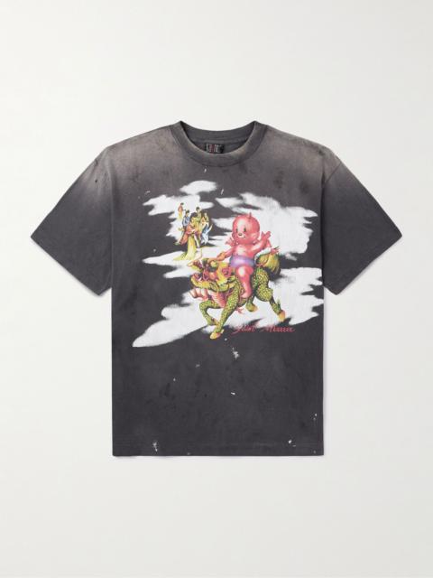 Distressed Paint-Splattered Printed Cotton-Jersey T-Shirt Black