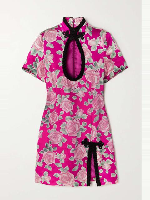 Cutout floral-print silk-satin mini dress