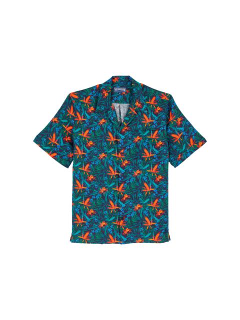 Men Linen Bowling Shirt Tropical Flowers