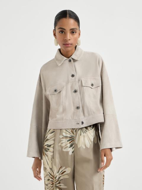 Couture suede outerwear jacket with monili