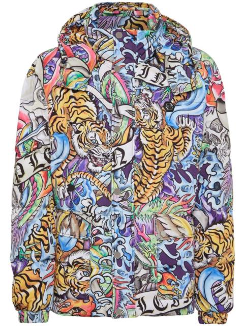 tattoo-print hooded puffer jacket