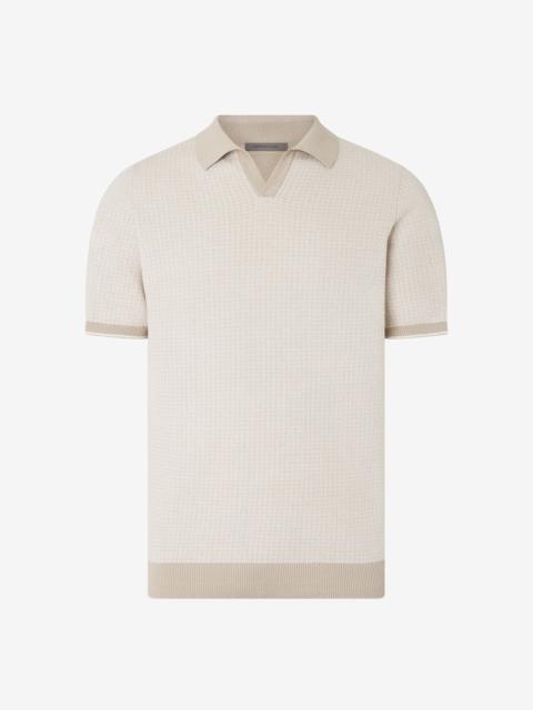 Beige two-tone buttonless pure cotton polo shirt