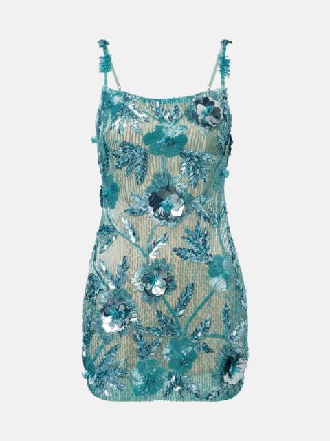 Pierre beaded floral-appliqué minidress