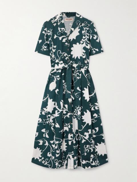Claudia Belted Pleated Floral-print Cotton Midi Dress