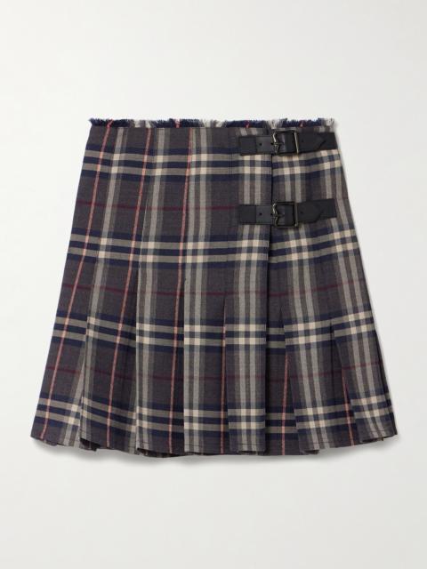 Leather-trimmed Pleated Checked Wool Mini Skirt