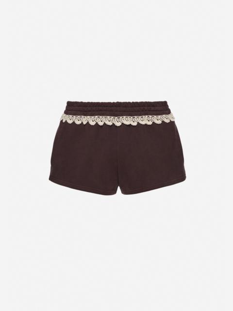 Cotton jersey shorts with crochet lace trim in brown