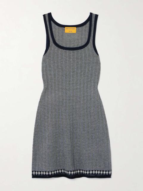 Striped silk and linen-blend mini dress Navy