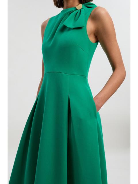 Compact Stretch Bow Tie Neck Trim Detail Tailored Full Midi Dress