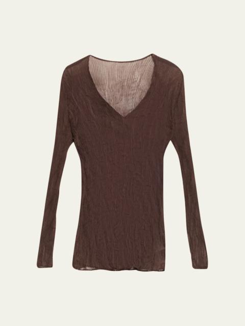 Long-Sleeve Sheer Pleated V-Neck Shirt