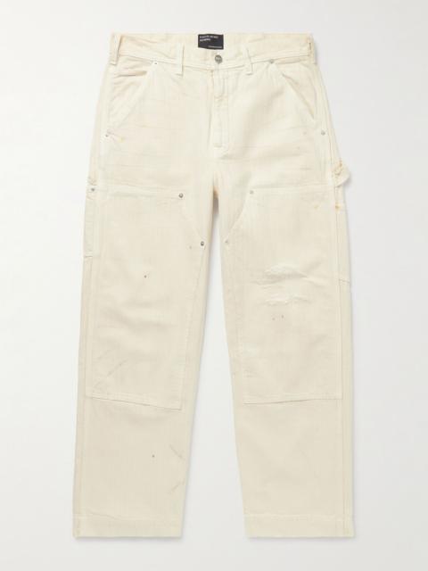 Straight-Leg Distressed Panelled Herringbone Denim Trousers Cream
