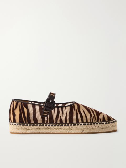 Leather-trimmed Flocked Mesh Ballet Flats