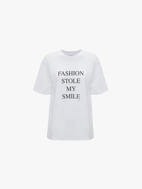 'Fashion Stole My Smile' Slogan T-Shirt In White