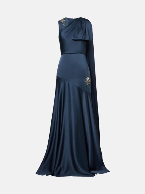 Embellished scarf-detail satin cady gown