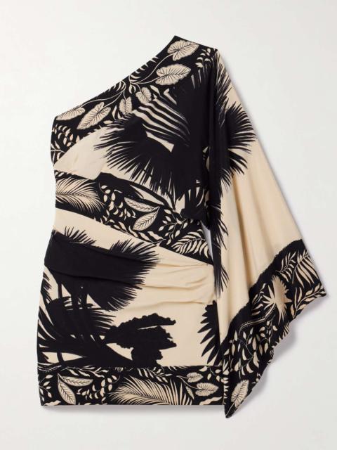 Forest one-sleeve ruched printed silk crepe de chine mini dress Black