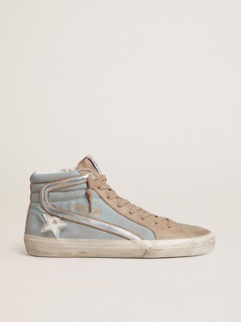 Slide in light blue canvas with silver metallic leather flash
