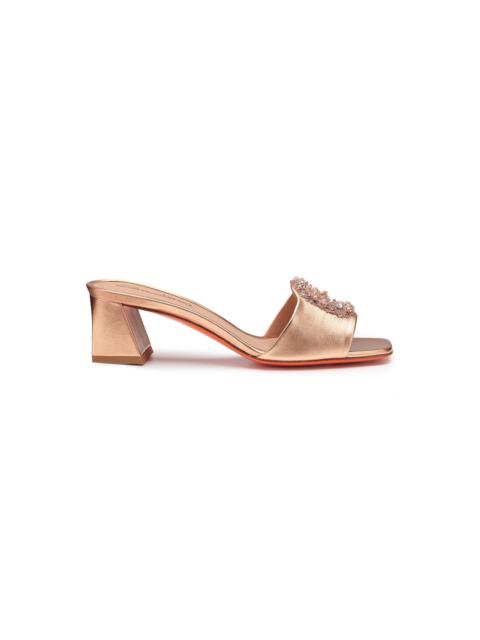 Women's pink laminated leather mid-heel sandal