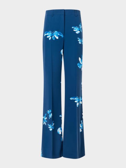 Butterfly-Print Silk Bootcut-Leg Trousers