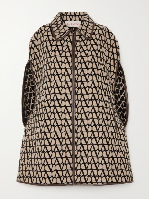 Leather-trimmed Canvas-jacquard Cape