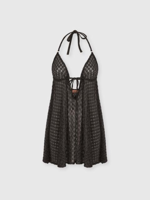 Babydoll mini dress in lamé viscose with spiderweb motif