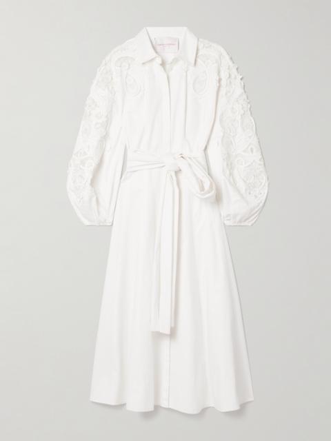 Belted Guipure Lace-trimmed Cotton-twill Midi Dress