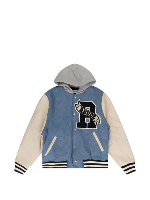 hooded appliqué varsity jacket