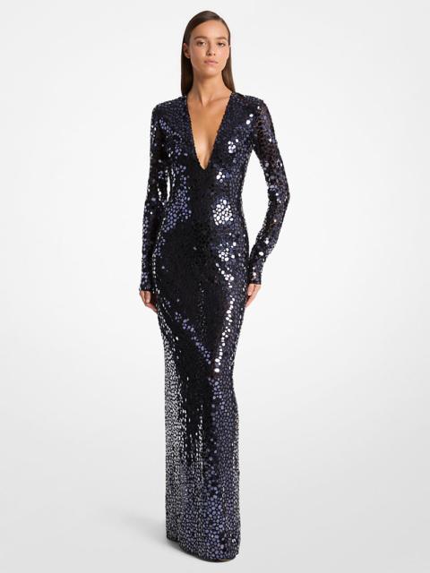 Mirror Embroidered Stretch Tulle V-Neck Gown