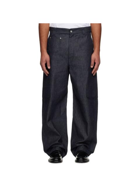 Navy Herringbone Denim Cargo Pants