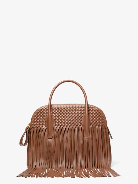 Kaitlin Large Fringed Woven Leather Dome Satchel