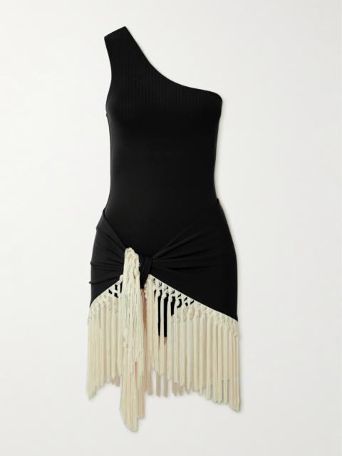 Yacare One-shoulder Swimsuit And Fringed Pareo Set
