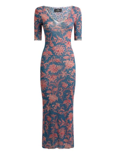 floral-motif tulle midi dress