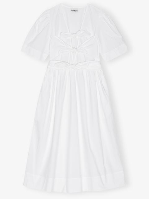 WHITE STRETCH COTTON TIE STRAP MIDI DRESS