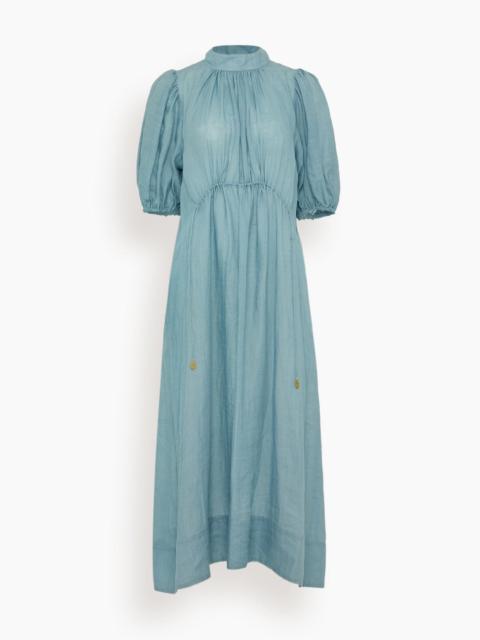Anise Solid Puff Sleeve Midi Dress in Blue