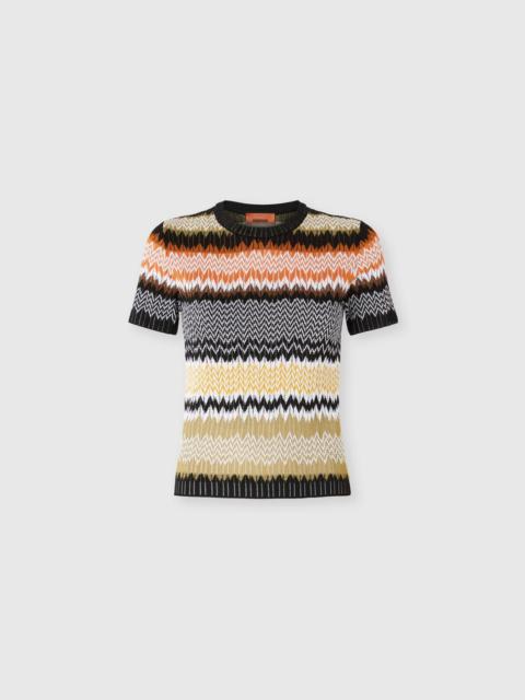 Short Sleeve Crew Neck Sweater with Chevron Pattern