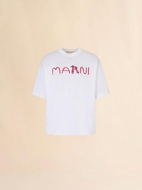 WHITE COTTON T-SHIRT WITH FLOCKED MARNI ANIMAL ALPHABET LOGO