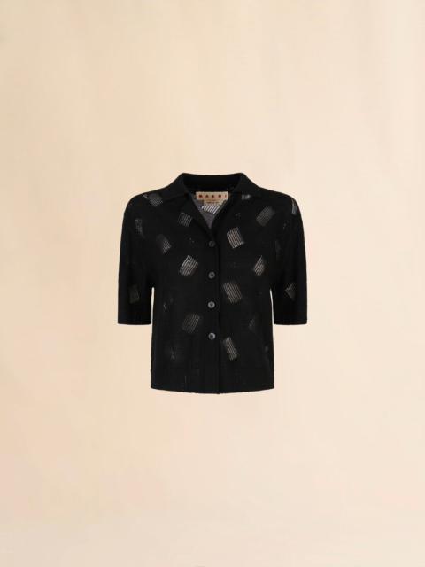 BLACK WOOL-SILK KNIT OPENWORK SHIRT