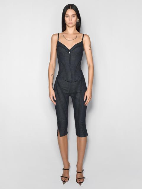 black mesh raw denim capri jeans