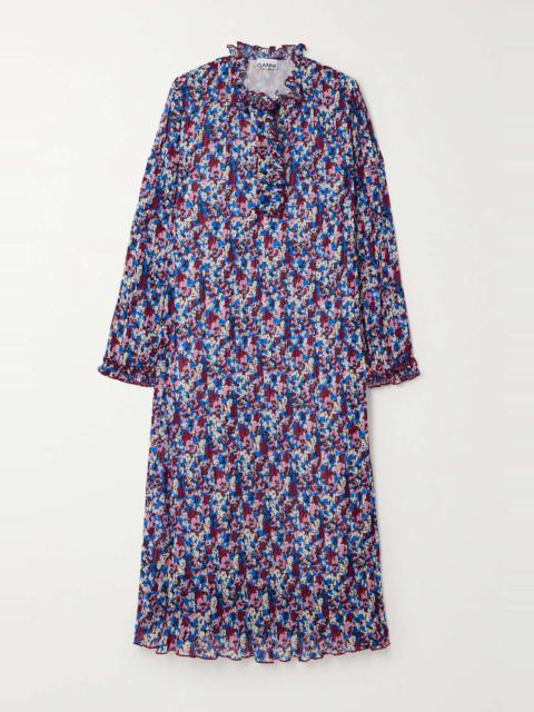 Ruffled pleated floral-print recycled-georgette midi dress