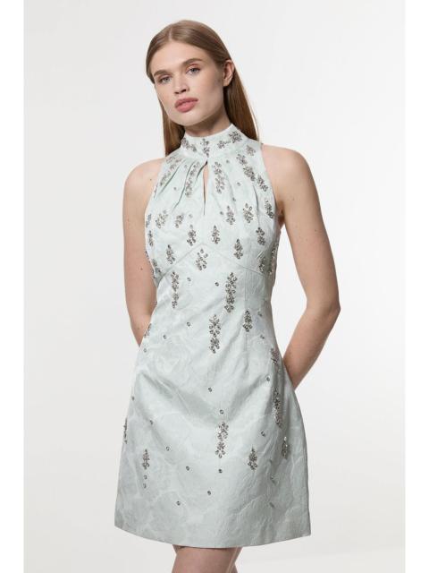 Texture Jacquard Crystal Embellished High Neck Woven Mini Dress