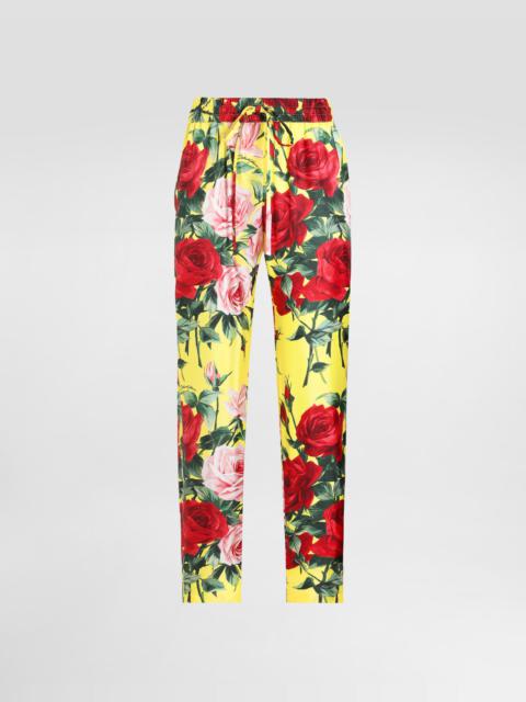 Silk twill pants with bouquet print