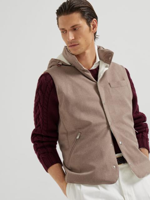 Bonded wool flannel down vest with detachable hood